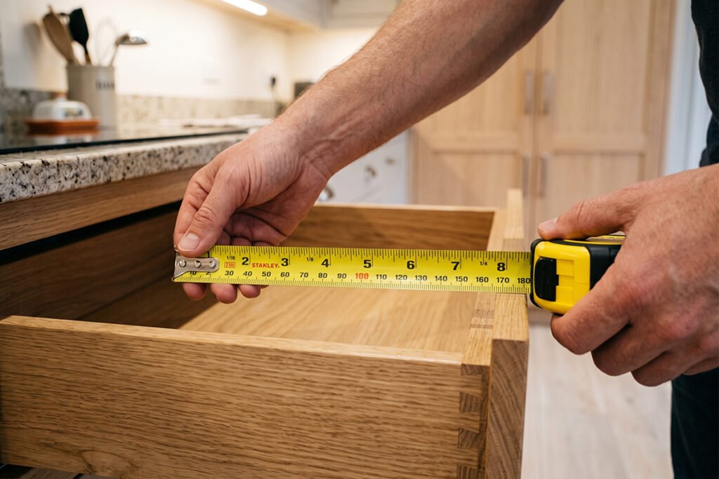 A person measuring the interior depth of a kitchen drawer using a tape measure