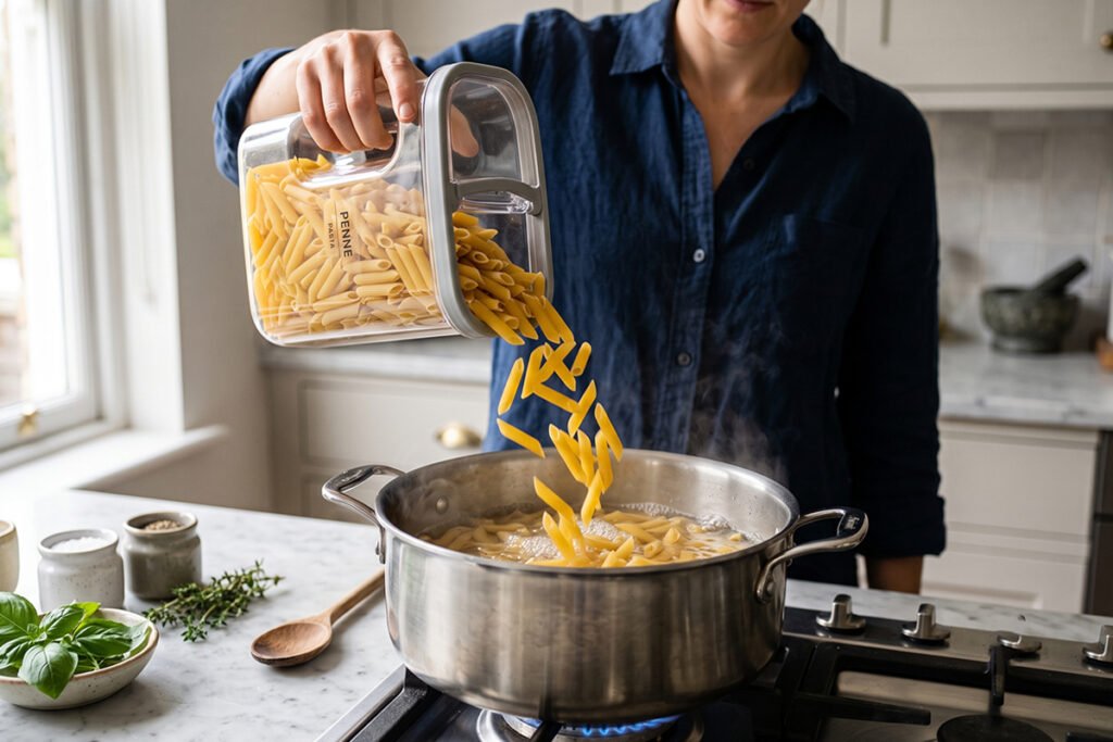 A person pouring dry pasta from a clear, easy-grip kitchen storage dispenser directly