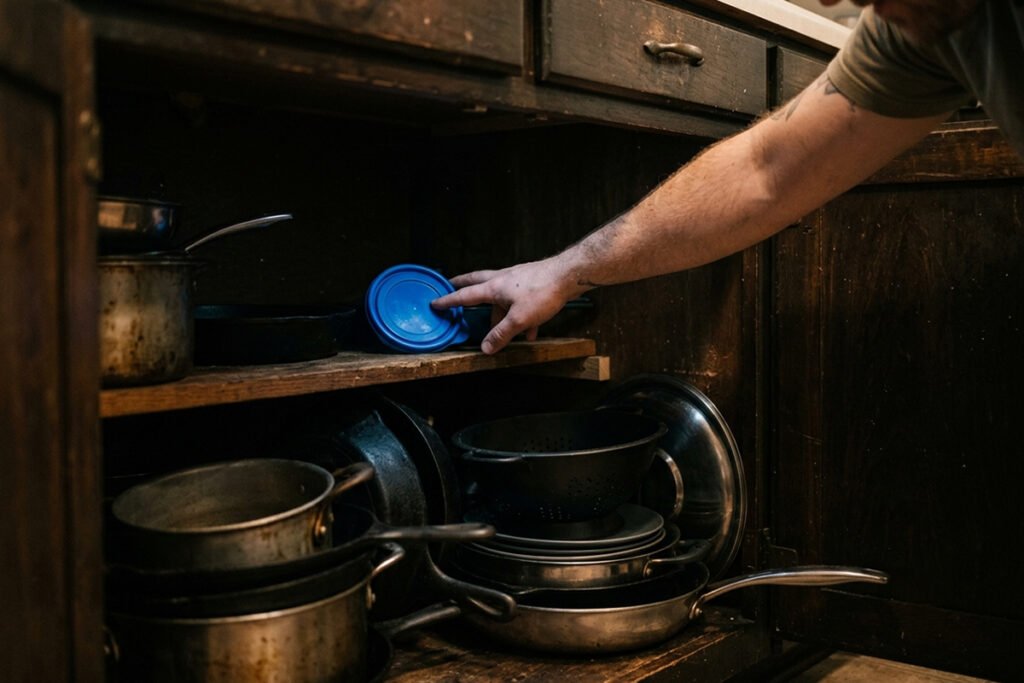 A person reaching into the dark back corner of a kitchen cabinet to retrieve a lost lid