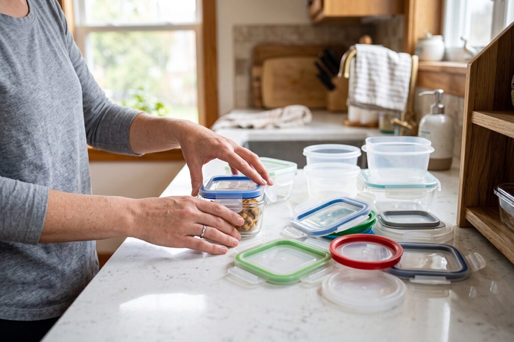 A person sorting through a collection of plastic lids on a kitchen counter
