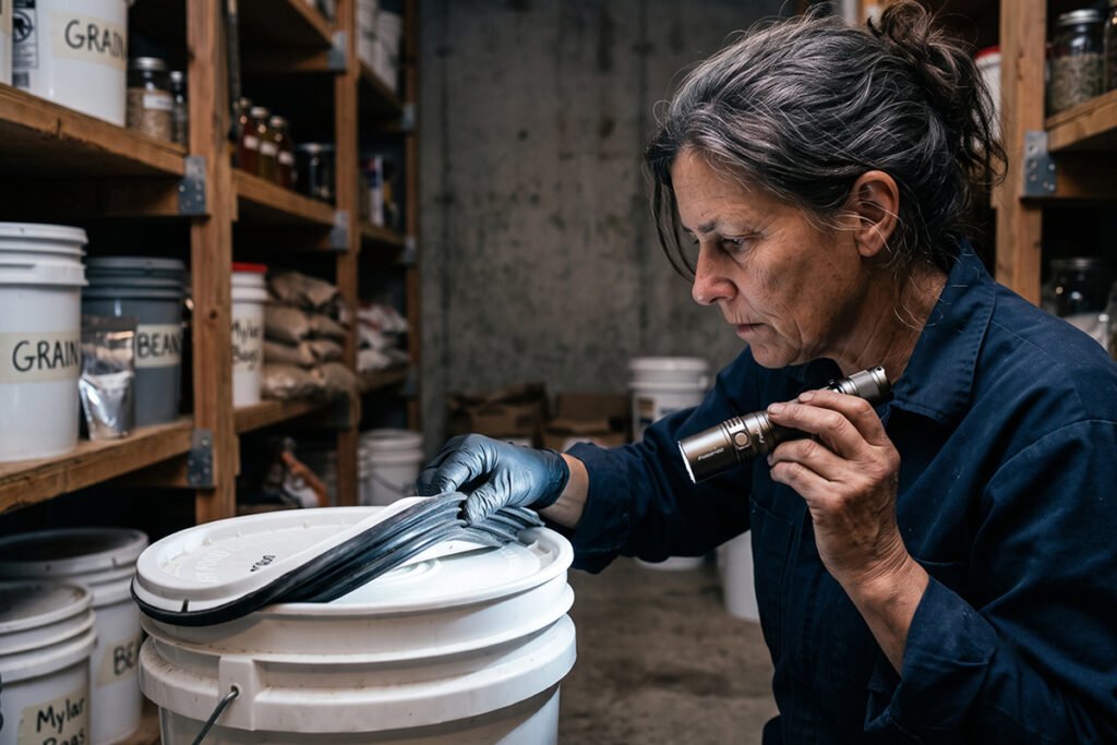 A person using a flashlight to inspect the rubber lid seals of long-term food storage