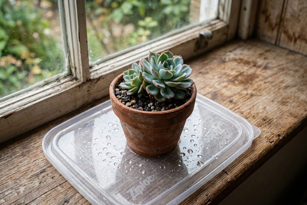 A plastic container lid placed under a small potted indoor succulent to act as a drainage tray