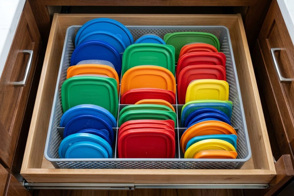 A plastic mesh file box holding colorful plastic container lids vertically inside a kitchen drawer