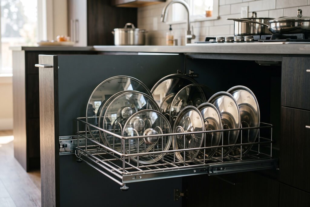 A pull-out steel drawer organizer gliding smoothly out of an under-counter kitchen cabinet filled with cookware lids.