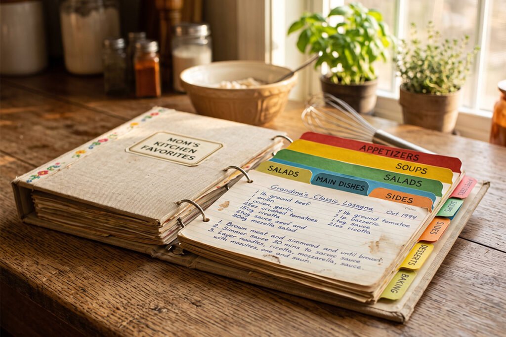 A recipe card binder opened to labeled index divider tabs