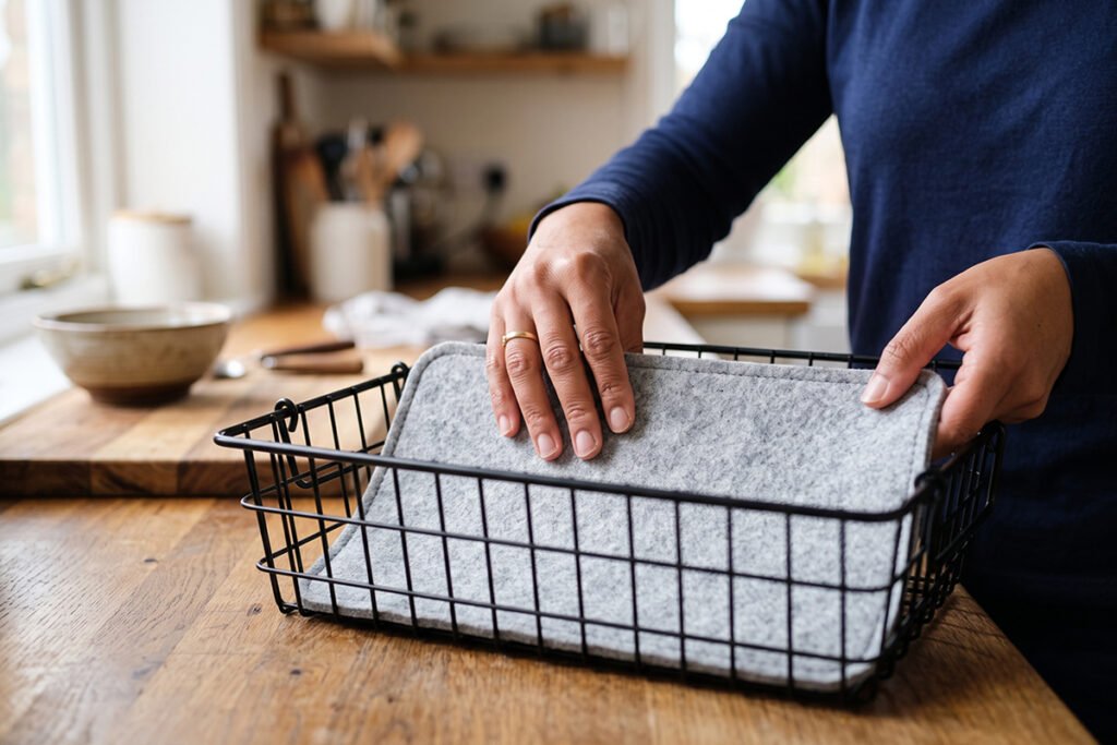 A removable liner being placed at the bottom of an open wire storage basket.