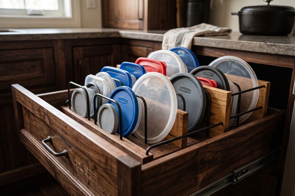 A repurposed wooden wire rack functioning as a stylish lid file inside a deep drawer