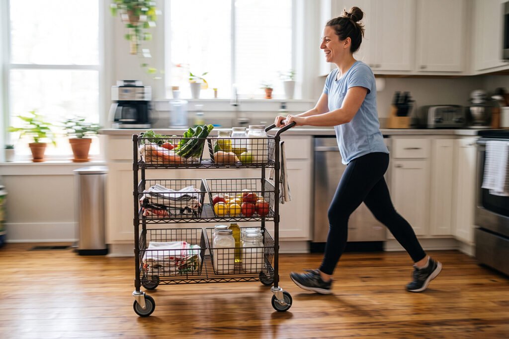 A rolling wire basket cart being pushed effortlessly across a hardwood kitchen floor.