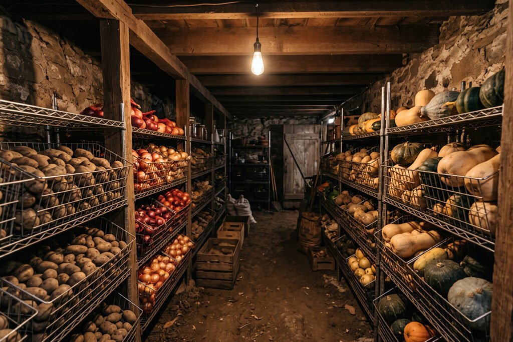 A root cellar filled with stacked wire baskets holding bulk potatoes and winter squash.