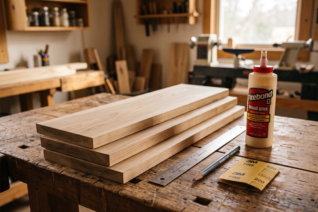 A selection of smooth poplar boards and woodworking supplies resting on a clean workbench