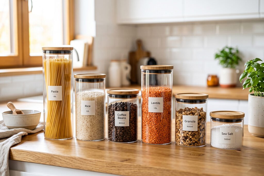 A set of modern glass and clear BPA-free plastic food storage canisters neatly arrang