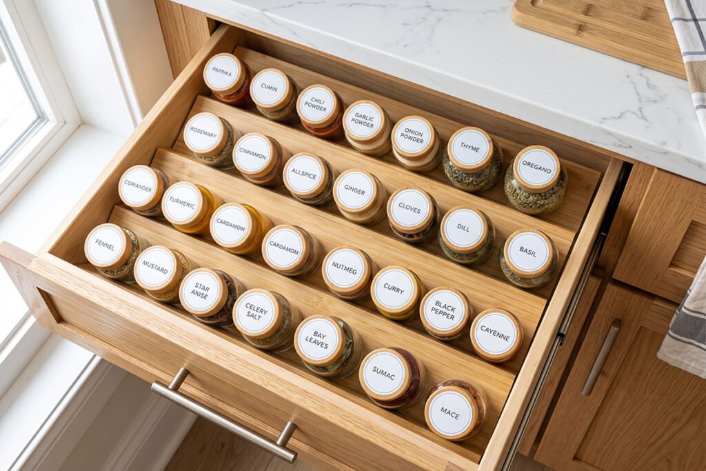 A shallow kitchen drawer featuring neat rows of glass spice jars lying flat on angled inserts