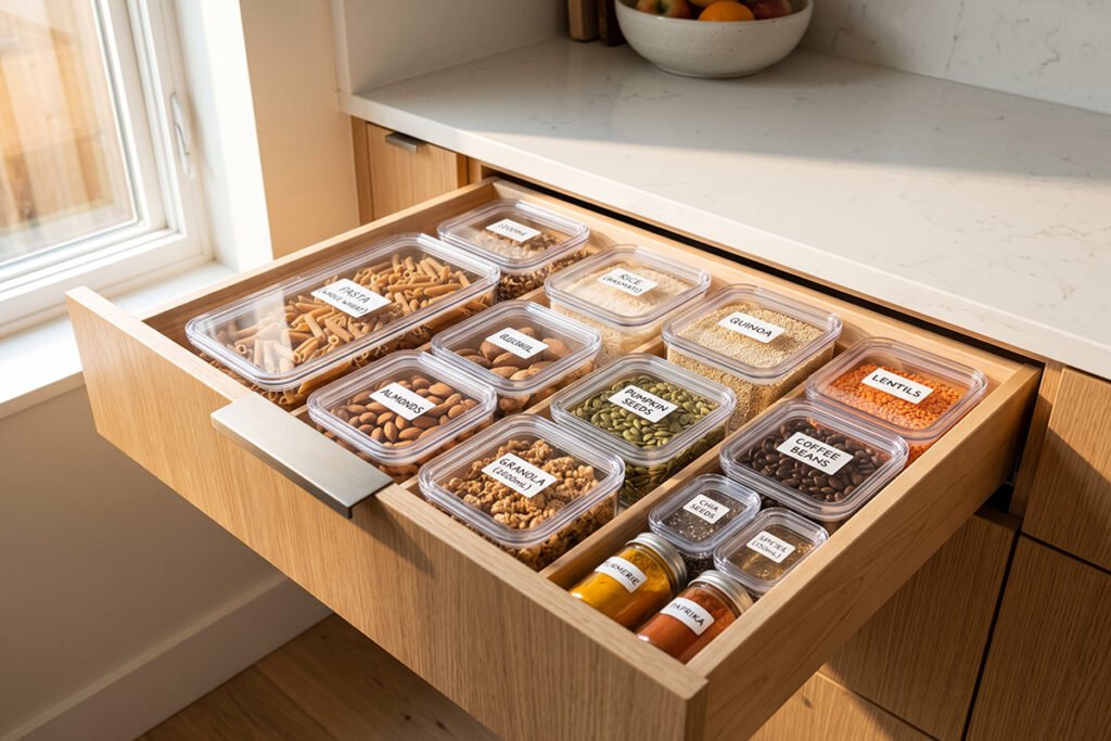 A shallow kitchen drawer neatly organized with low-profile BPA-free plastic food storage containers.