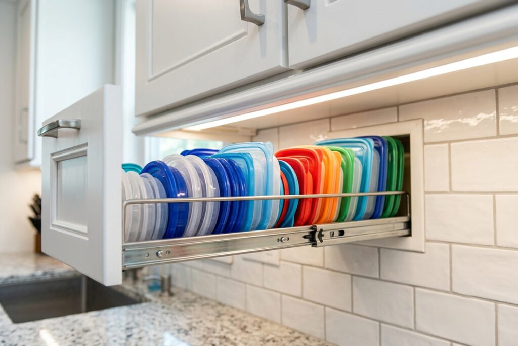 A shallow pull-out metal drawer hidden underneath an upper kitchen cabinet holding plastic lids