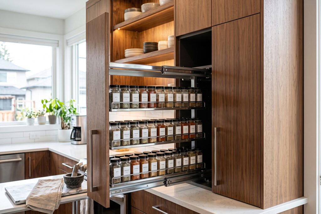 A single kitchen cabinet fitted with pull-down spice racks holding dozens of uniform jars