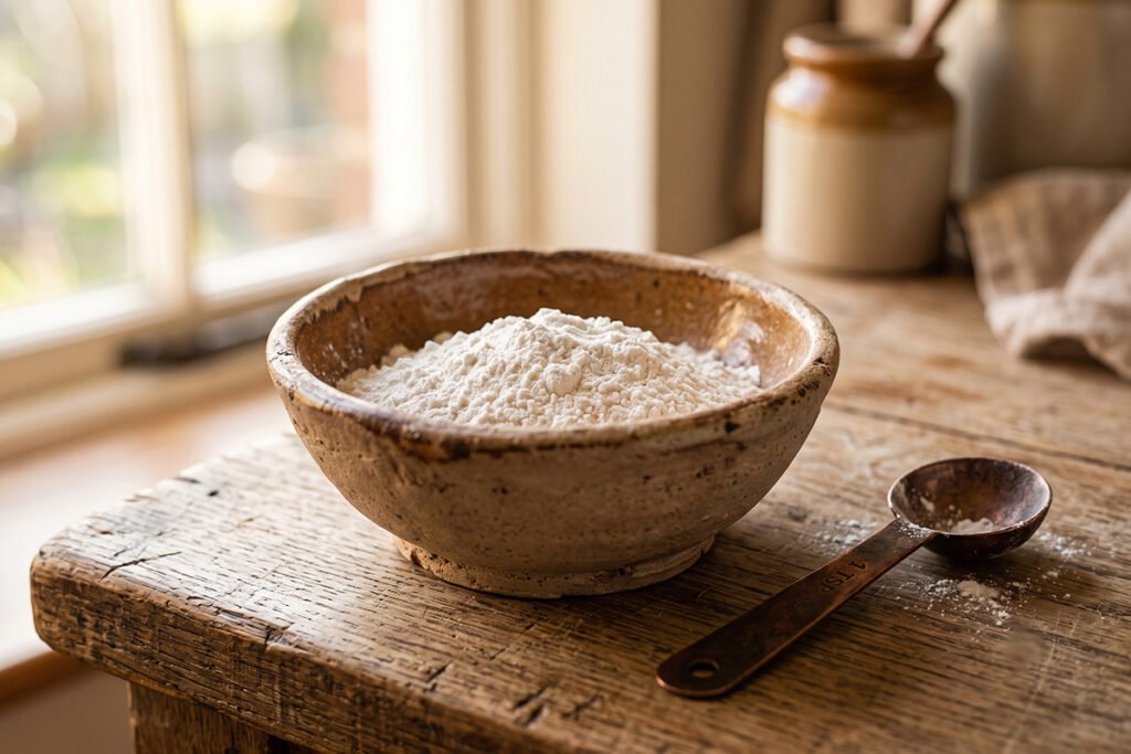 A small bowl of arrowroot powder next to a measuring spoon for natural spice mixing.