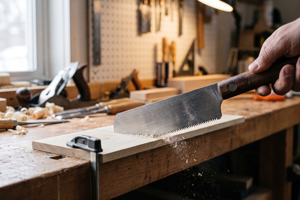 A small hand saw carefully cutting a thin poplar board