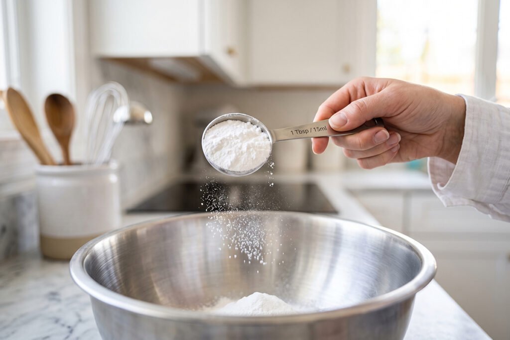 A spoonful of fresh white baking powder measured over a mixing bowl