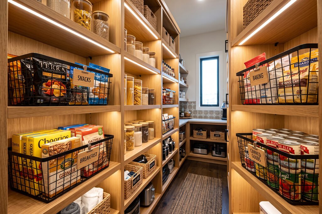 A styled pantry comparing open-front wire baskets with high-walled wire bins