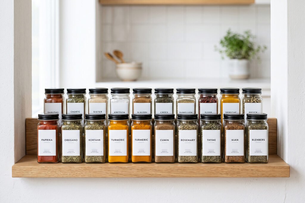 A stylish display of twenty essential kitchen spices in uniform glass jars