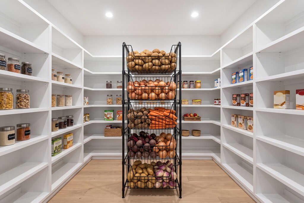 A tall 5-tier Rebrilliant XXL wire bin unit stacked high inside a walk-in pantry.