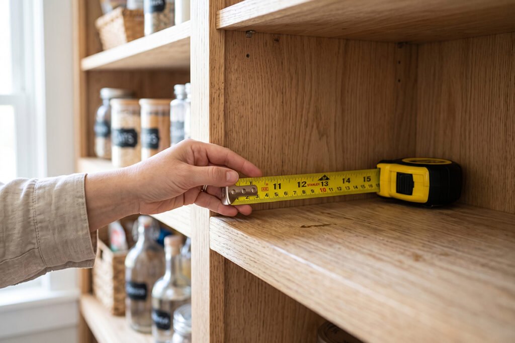 A tape measure measuring the interior depth of a pantry shelf