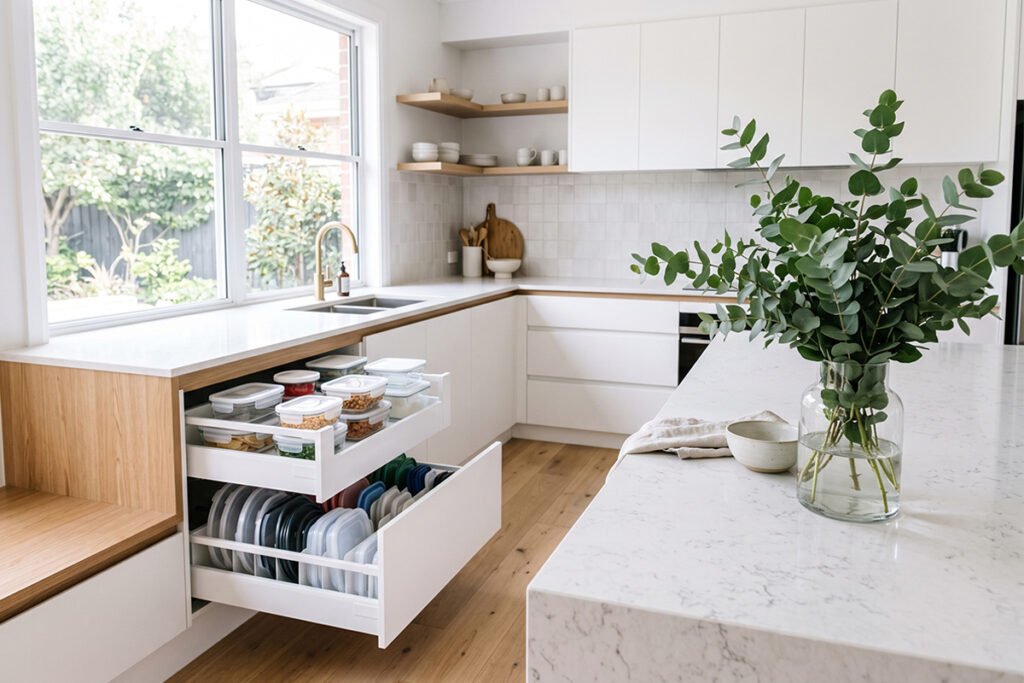 A tidy, minimalist kitchen counter with organized food storage drawers open in the background