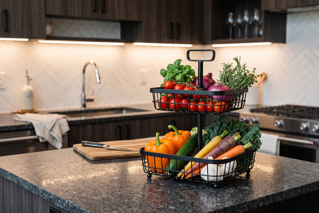 A two-tier wire basket resting on a granite kitchen countertop holding fresh produce.