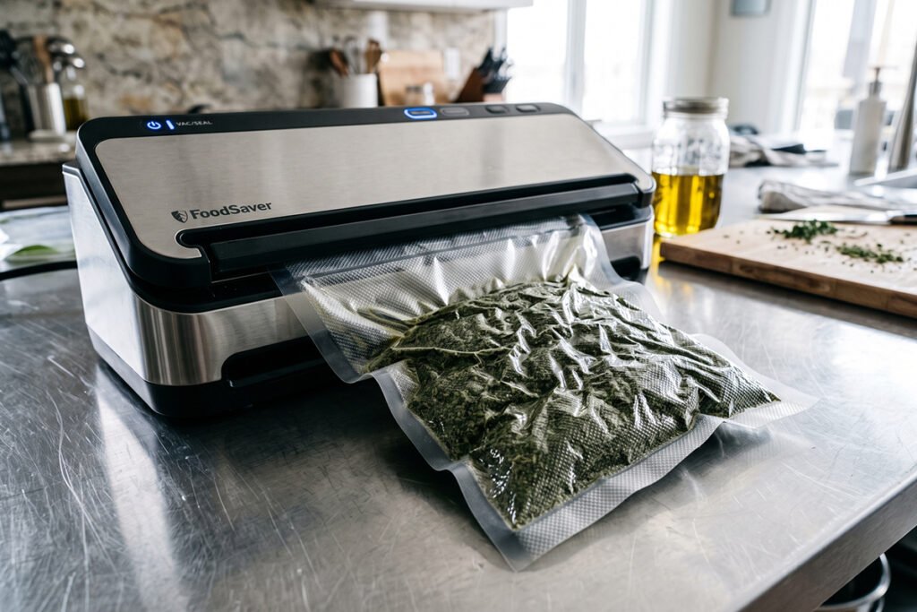 A vacuum-sealer machine locking fresh ground spices into heavy-duty storage bags.