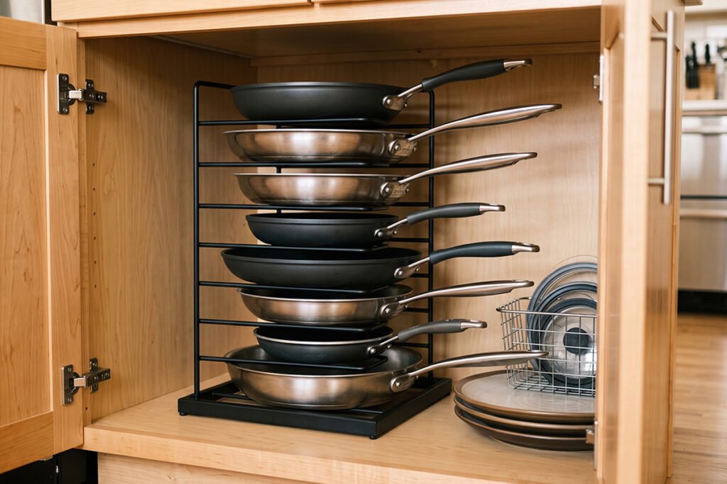 A vertical pan organizer rack holding non-stick skillets and frying pans safely inside a base cabinet.