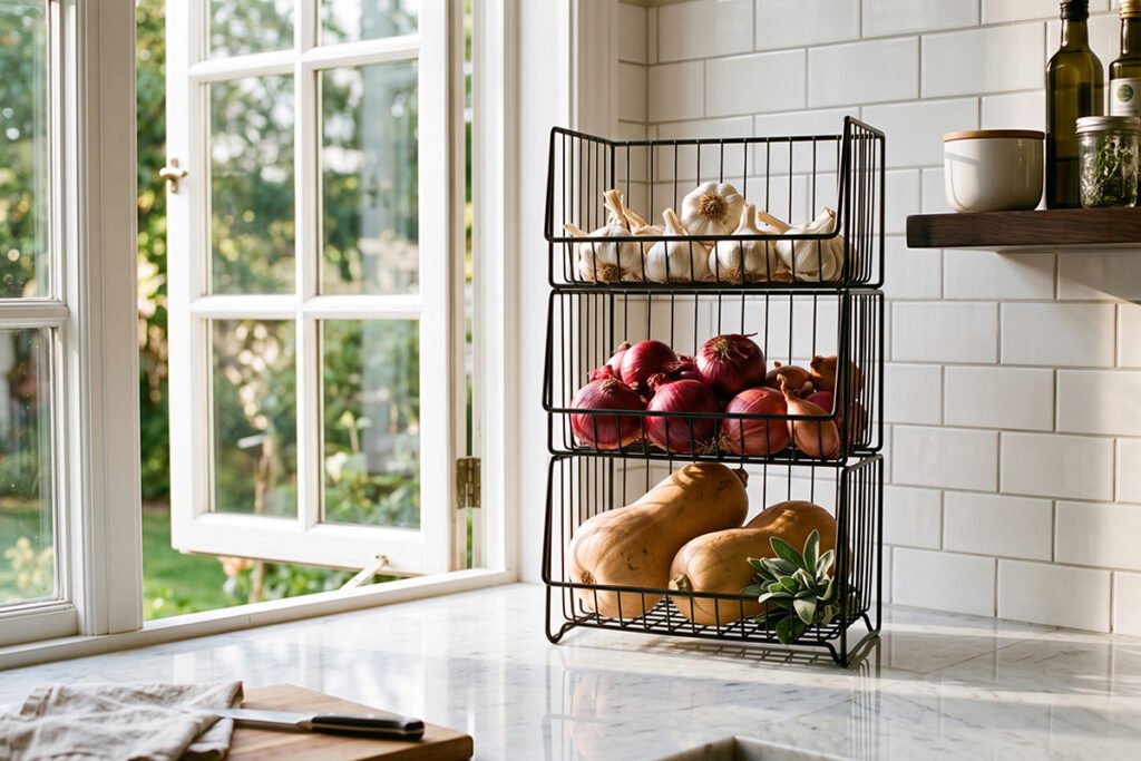 A vertical three-tier black metal wire basket unit holding garlic