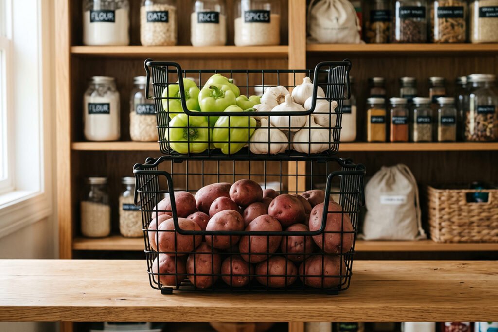 A well-balanced stacked wire basket set with heavy potatoes on the bottom and light produce on top.