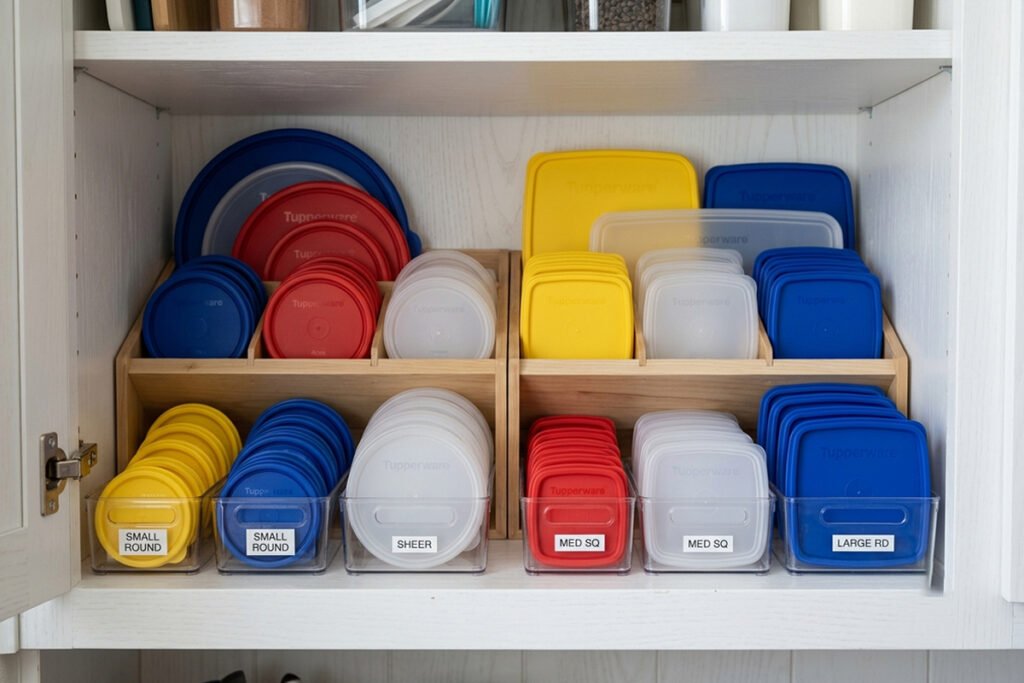 A well-organized kitchen cabinet displaying categorized Tupperware lids arranged neatly by size
