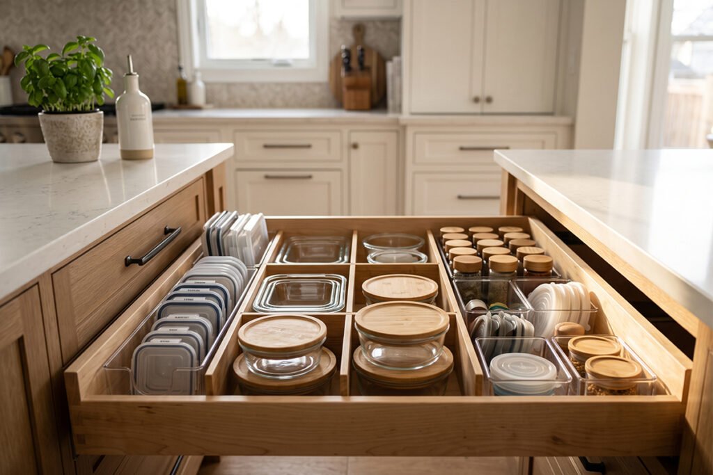 A well-organized kitchen drawer featuring various smart dividers and container sorting solutions