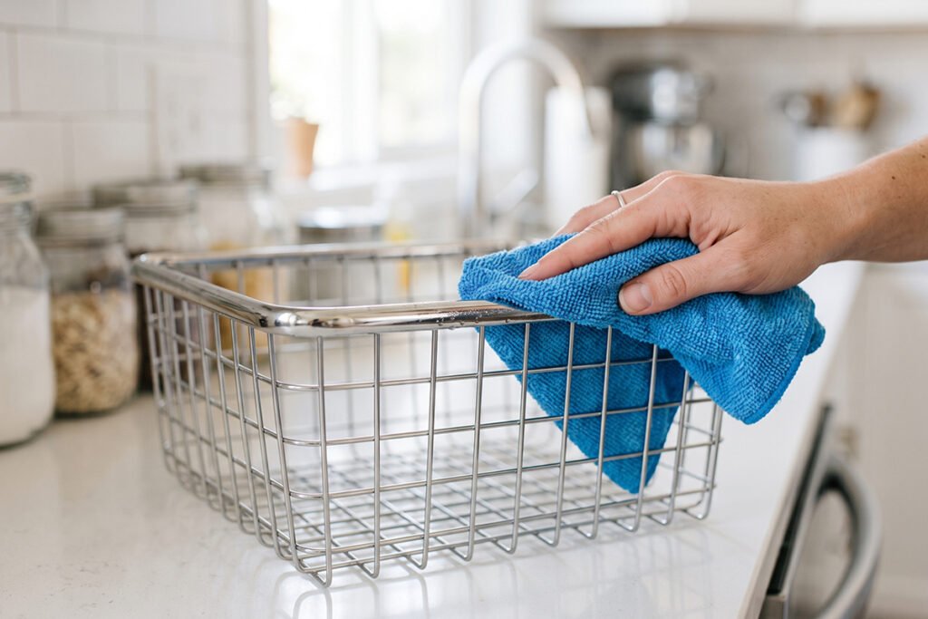 A wet cloth wiping down a clean stainless steel wire basket frame.