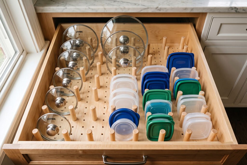 A wide deep cabinet drawer equipped with a wooden peg board system separating different sized lids.