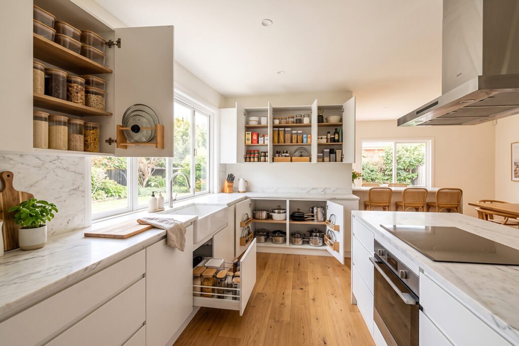 A wide shot of a fully organized modern kitchen with open cabinet doors showing neat shelf arrangements.
