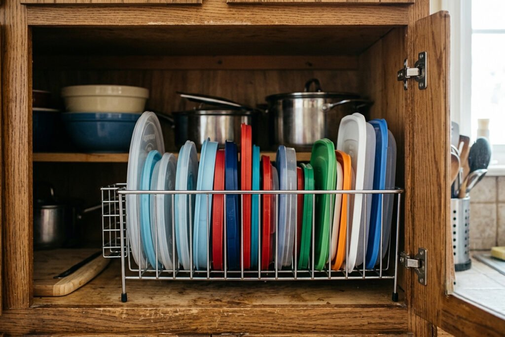 A wire dish drying rack used inside a lower kitchen cabinet to store plastic container lids vertically