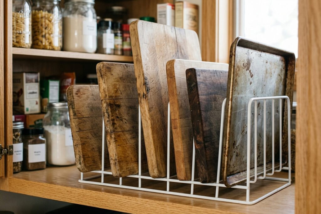A wire lid organizer repurposed in a pantry to hold wooden cutting boards and baking sheets
