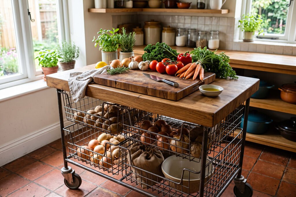 A wire produce basket with a flat wooden top holding a cutting board and vegetables.