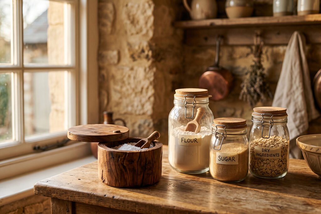 A wooden salt cellar sitting alongside dry baking ingredients in glass jars.