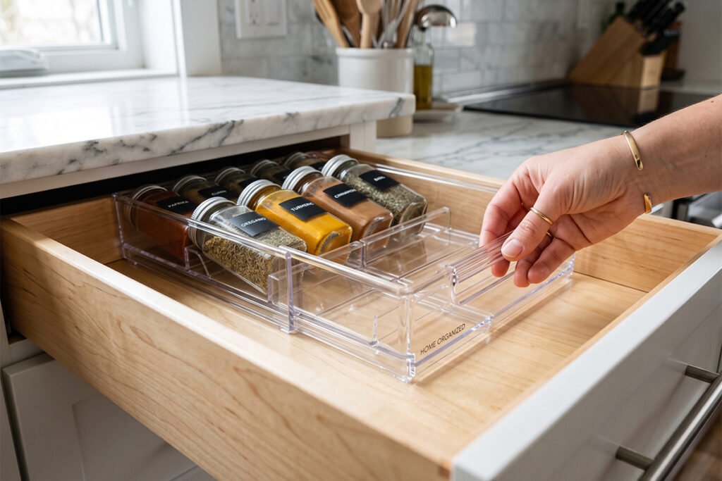 Acrylic expandable spice drawer liner expanding to fit the exact width of a kit