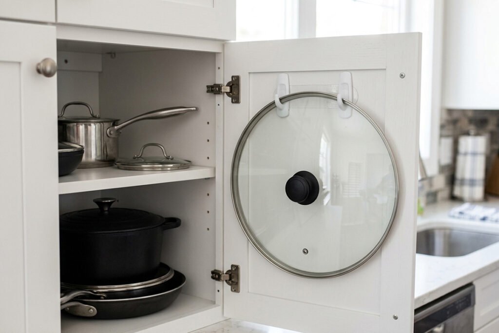 Adhesive plastic hooks mounted on a cabinet door holding a metal pot lid securely in place