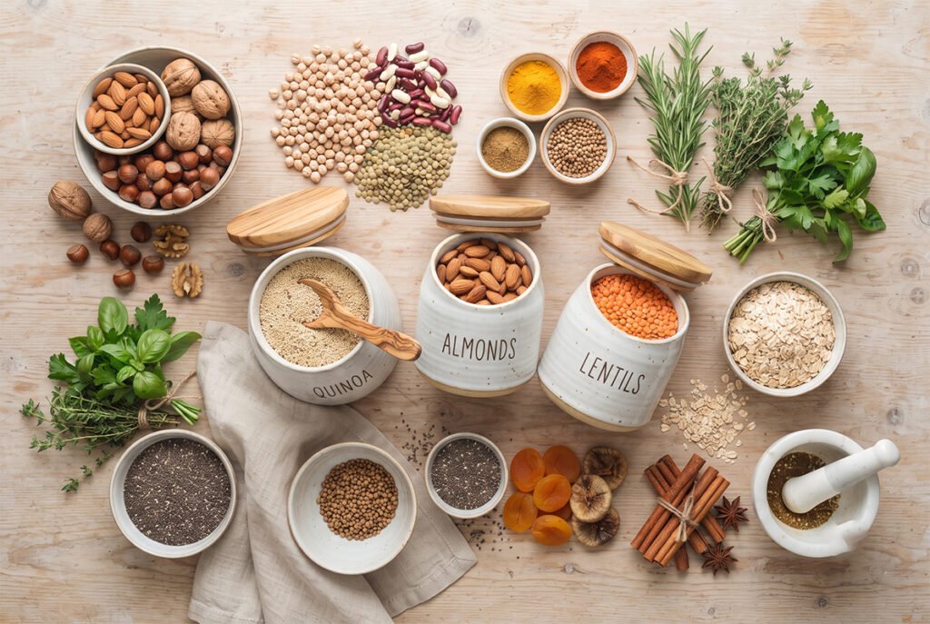 Aesthetic flat lay of healthy whole food ingredients displayed beside safe ceramic storage jars