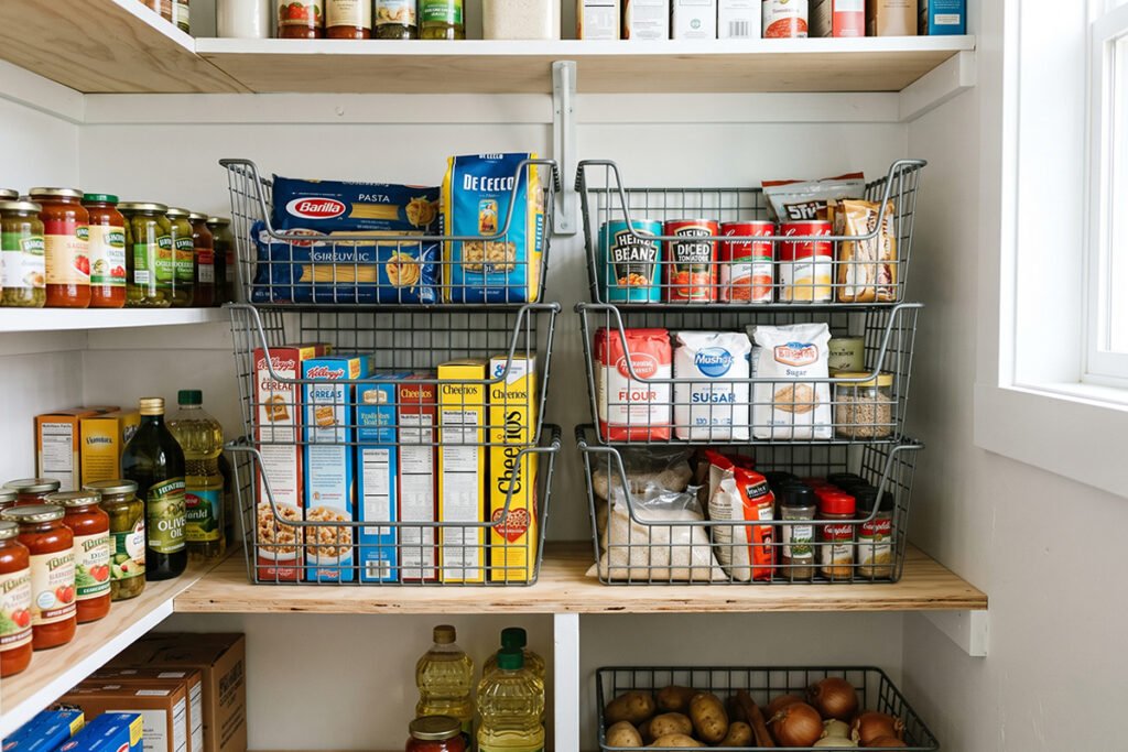 Affordable heavy wire stacking baskets neatly organized inside an economical pantry setup.