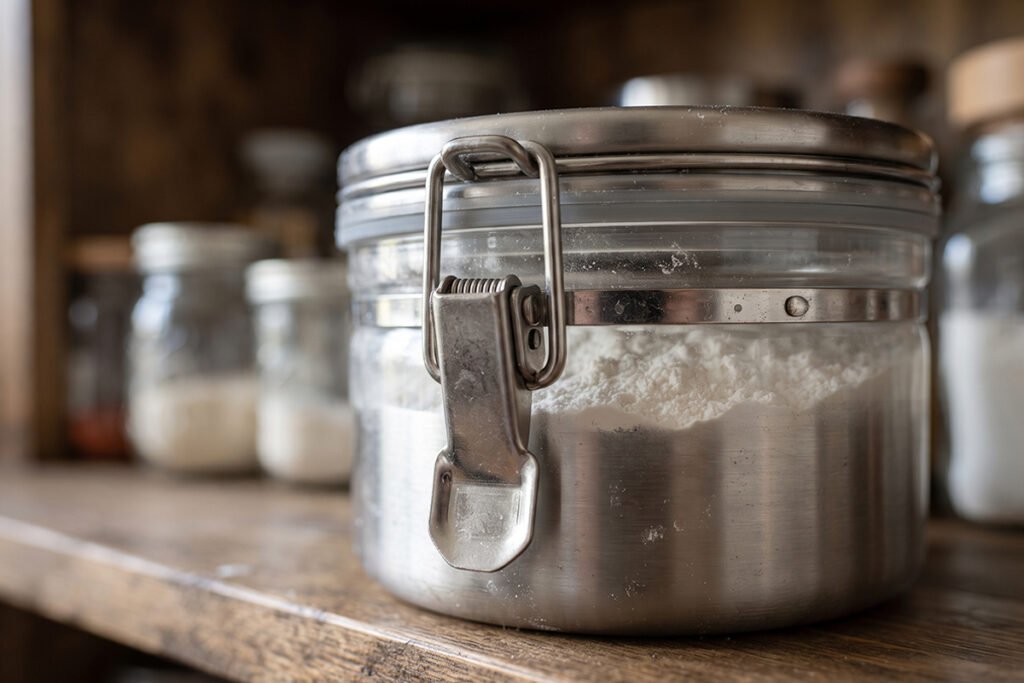 Airtight metal container locking mechanism securing dry flour against pantry pests