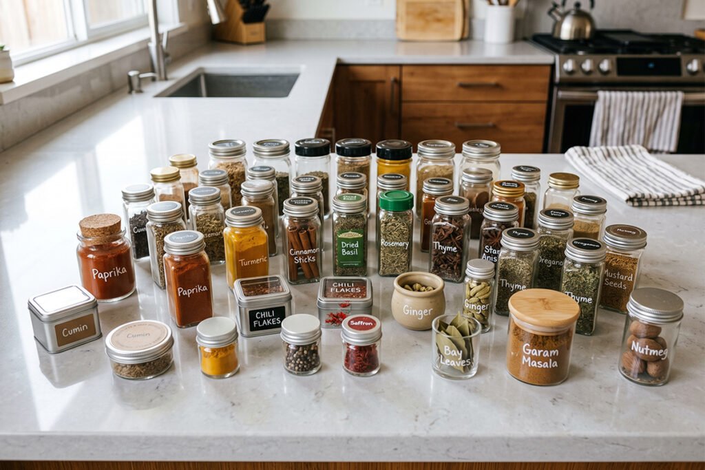 All spice containers cleared out and laid flat on a clean kitchen countertop