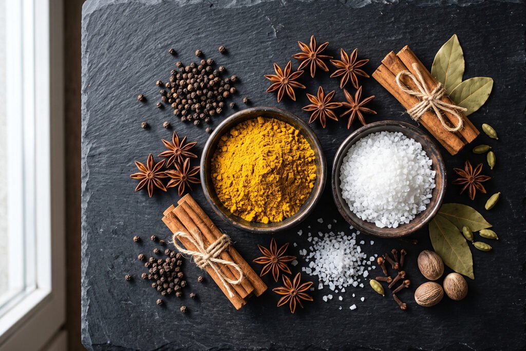 An artistic arrangement of global spices including peppercorns