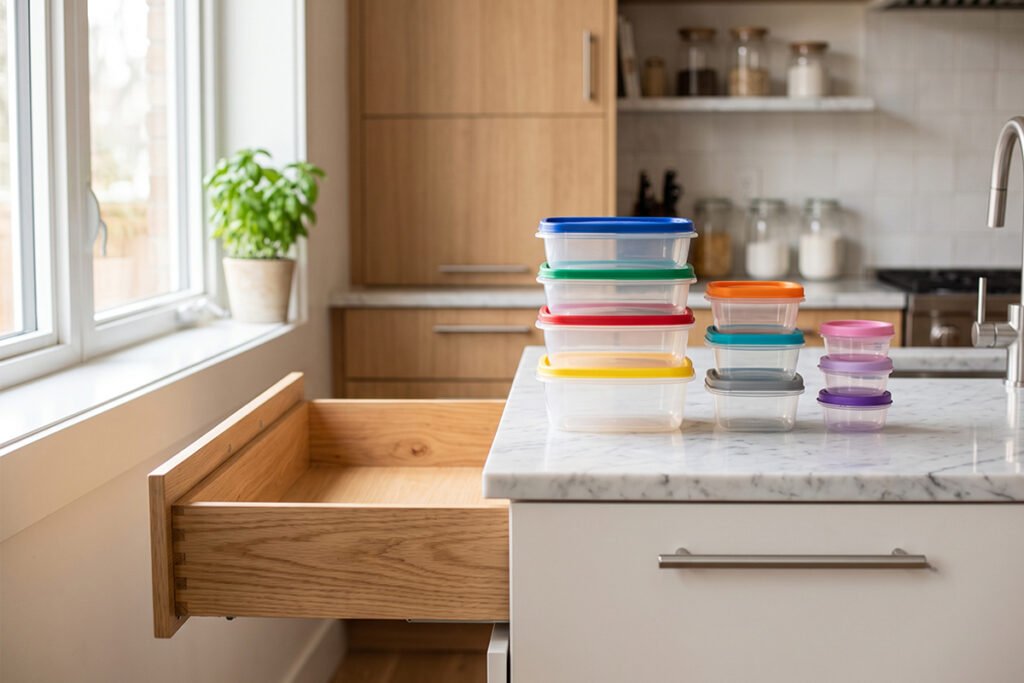 An empty kitchen drawer next to neatly sorted stacks of Tupperware containers