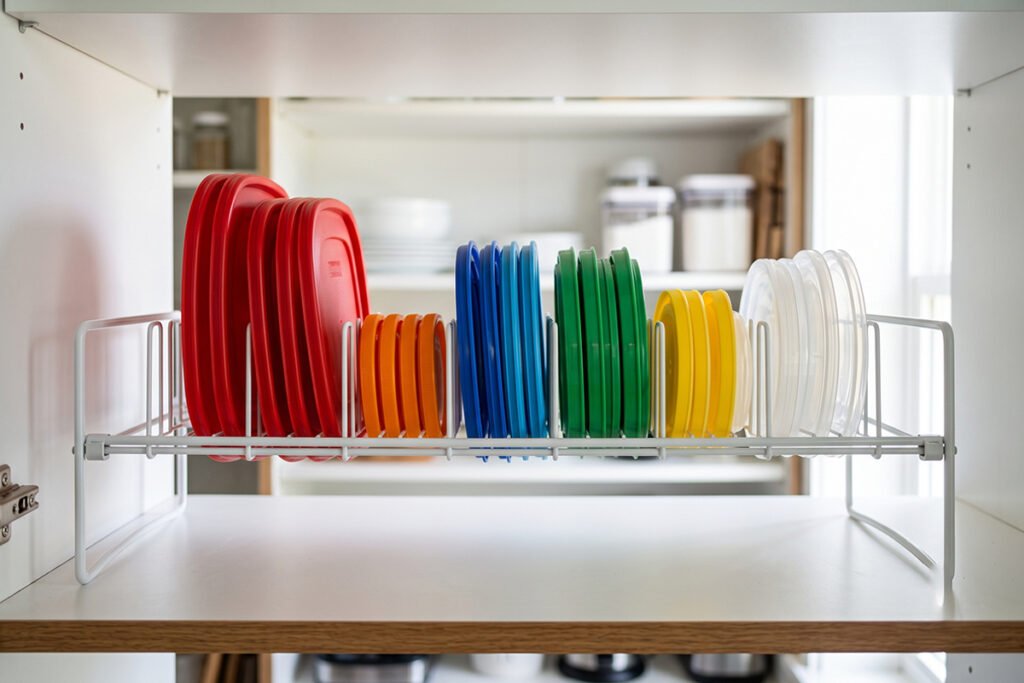 An expandable white wire organizer rack stretched across a wide cabinet shelf holding various plastic lids.